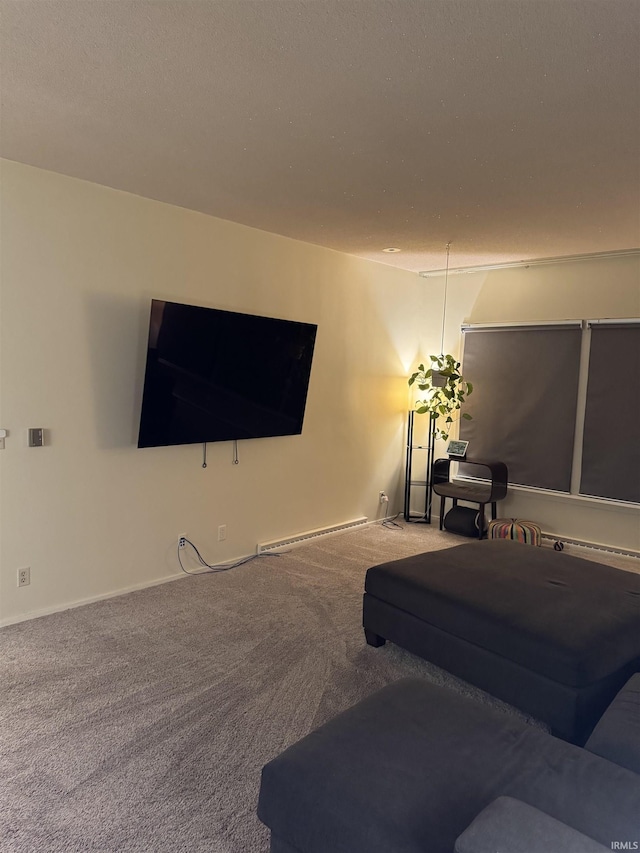 living room with carpet flooring and a baseboard radiator