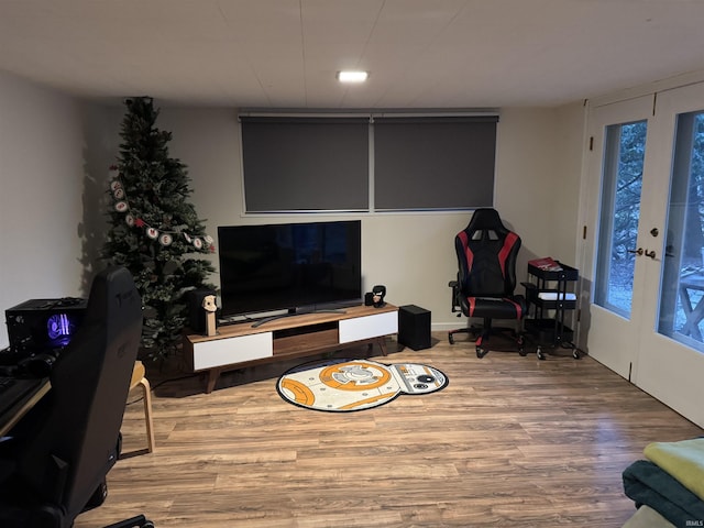 living room with hardwood / wood-style floors and french doors