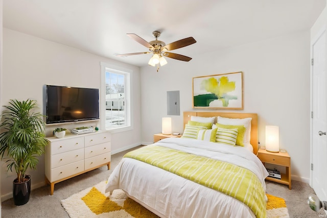 bedroom with carpet flooring, electric panel, and ceiling fan