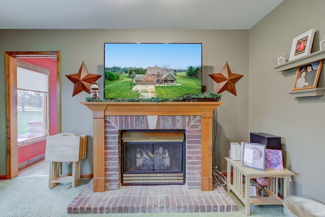 details featuring a fireplace and carpet floors