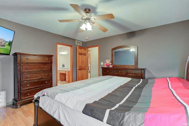 bedroom featuring ceiling fan, ensuite bathroom, and light hardwood / wood-style floors