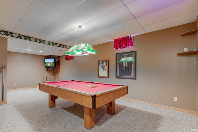 rec room featuring a drop ceiling, carpet, and billiards