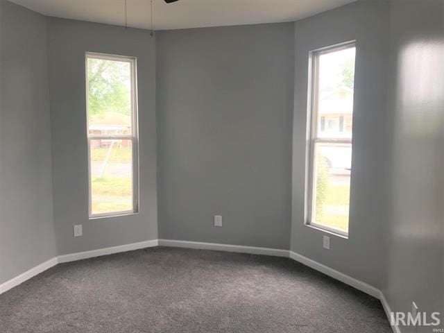 unfurnished room with carpet flooring, ceiling fan, and a healthy amount of sunlight