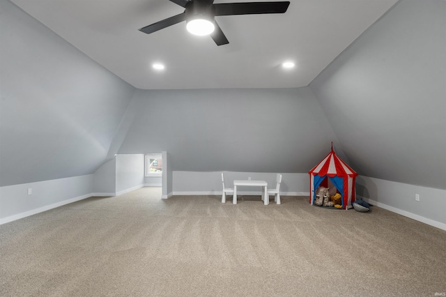 rec room featuring ceiling fan and carpet