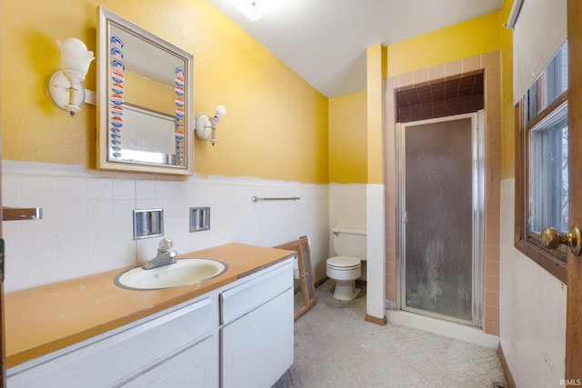 bathroom featuring vanity, toilet, and walk in shower