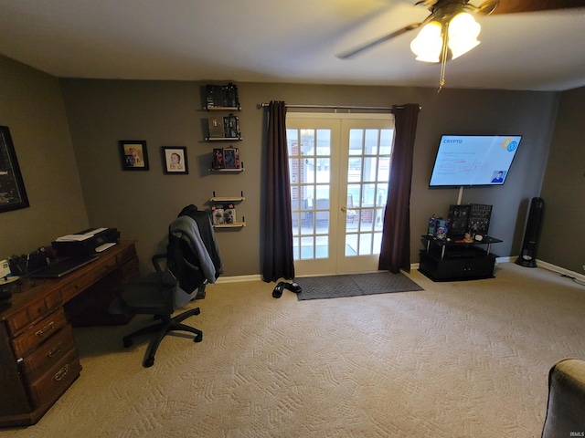 office space featuring ceiling fan, french doors, and light colored carpet