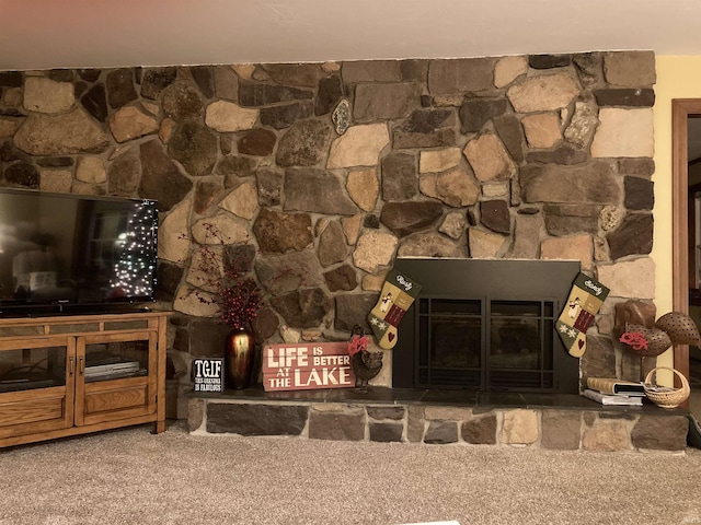 room details with carpet flooring and a stone fireplace