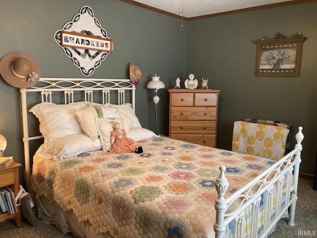 carpeted bedroom featuring crown molding