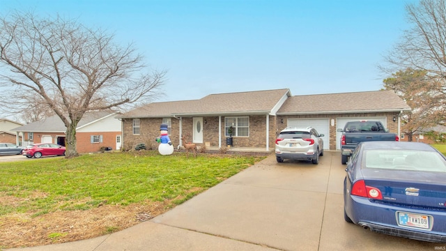 single story home with a garage and a front lawn