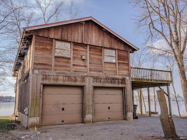 garage with a water view