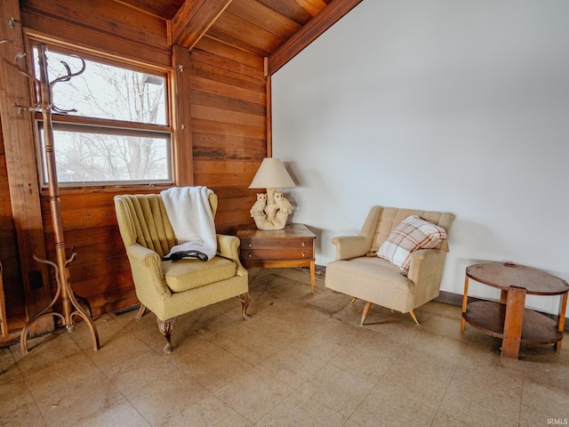 sitting room with wooden walls and wood ceiling