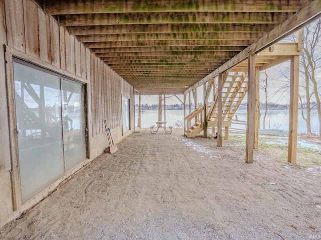 interior space with a water view