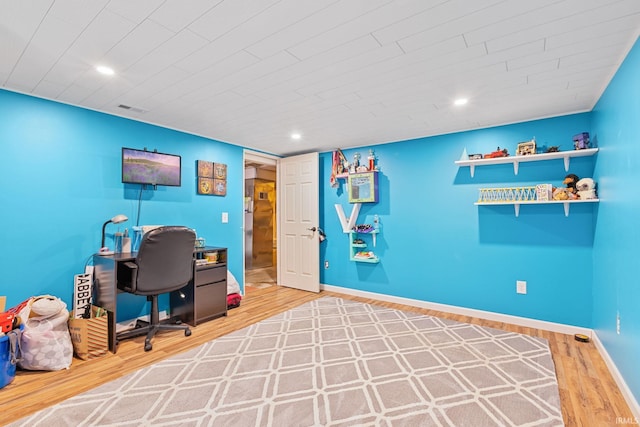 office featuring wood ceiling and hardwood / wood-style flooring