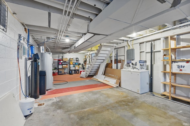 basement featuring electric panel and washer / clothes dryer