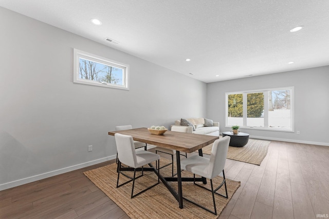 dining area with dark wood-style floors, a textured ceiling, plenty of natural light, and baseboards