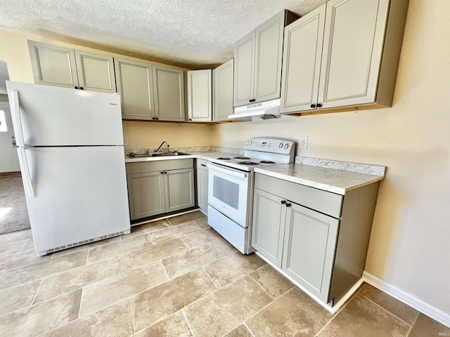 kitchen with gray cabinets, white appliances, and sink