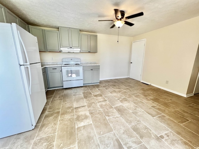 kitchen with ceiling fan, gray cabinets, white appliances, and a textured ceiling