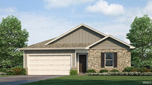 view of front facade with a garage, stone siding, board and batten siding, and a front yard