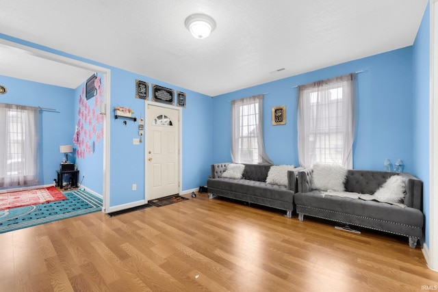 living room featuring wood-type flooring and a textured ceiling