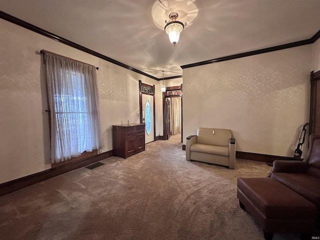 unfurnished room featuring crown molding and light carpet