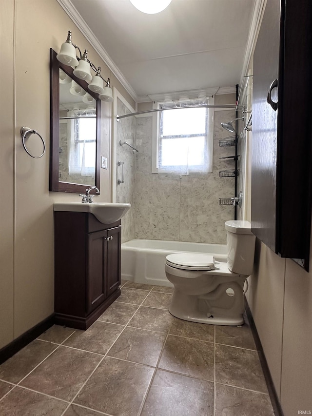 full bathroom featuring vanity, toilet, plenty of natural light, and crown molding