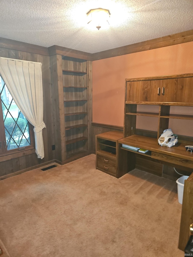 office area featuring wooden walls, a textured ceiling, and light carpet