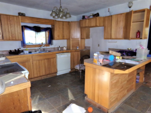 kitchen with stove, sink, pendant lighting, dishwasher, and a chandelier