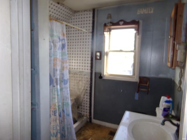 bathroom featuring vanity and walk in shower