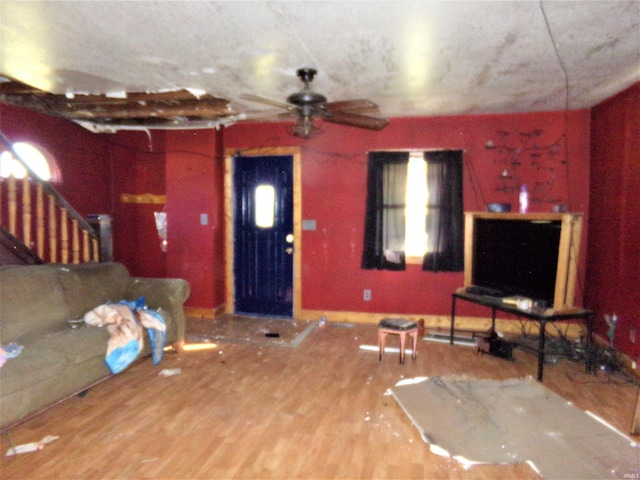 living room with ceiling fan and wood-type flooring