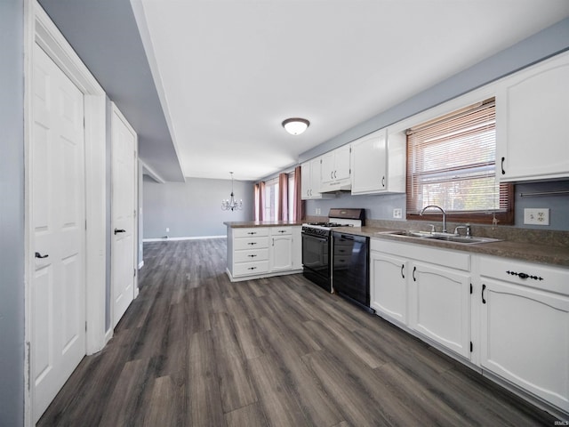 kitchen with white cabinets, dark hardwood / wood-style flooring, black appliances, and sink