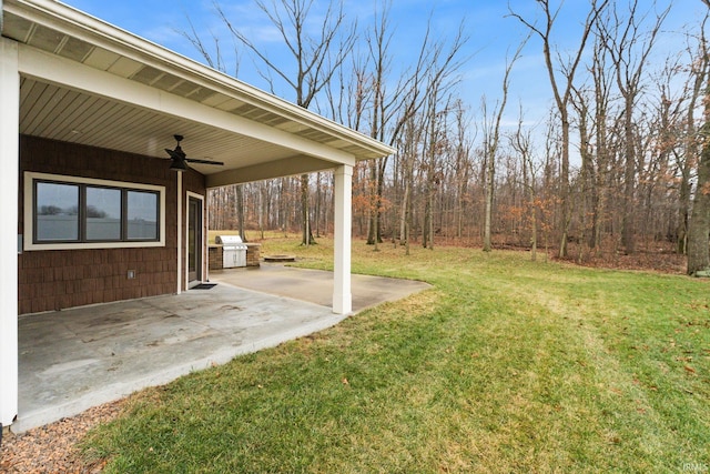 view of yard with ceiling fan, a patio area, and an outdoor kitchen