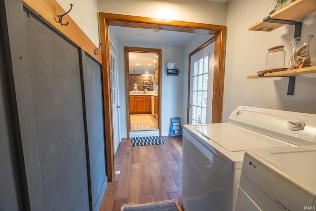 washroom featuring washer and clothes dryer and dark hardwood / wood-style flooring