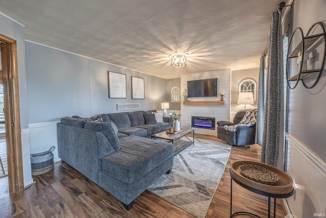 living room featuring dark hardwood / wood-style flooring and a large fireplace