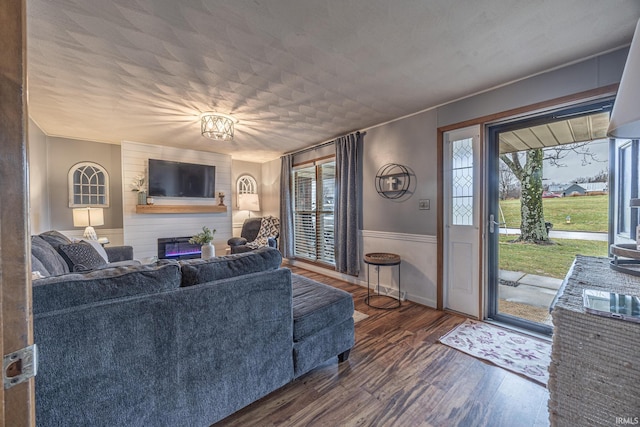 living room with a fireplace, a wealth of natural light, and dark hardwood / wood-style flooring