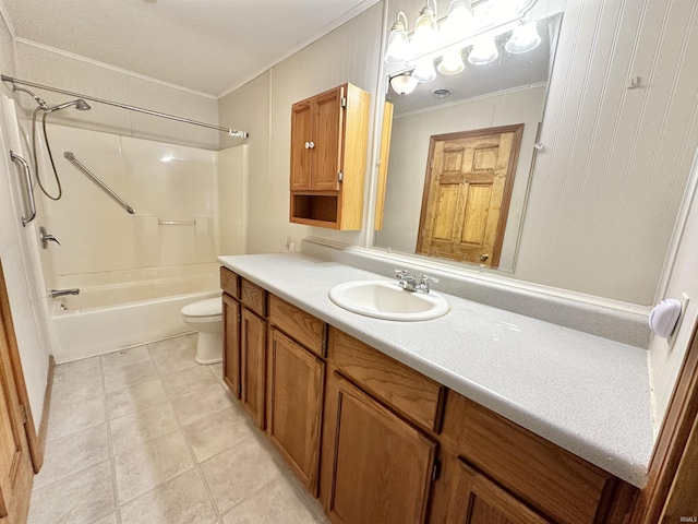 full bathroom with vanity, toilet, shower / bath combination, and crown molding