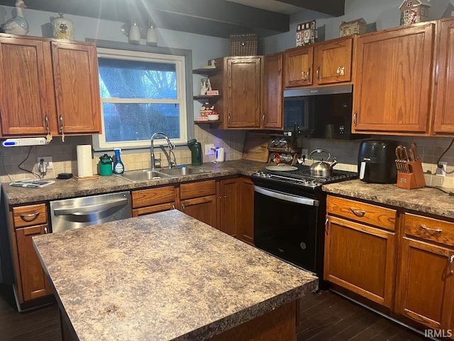 kitchen featuring black range with electric stovetop, dishwasher, sink, beamed ceiling, and backsplash