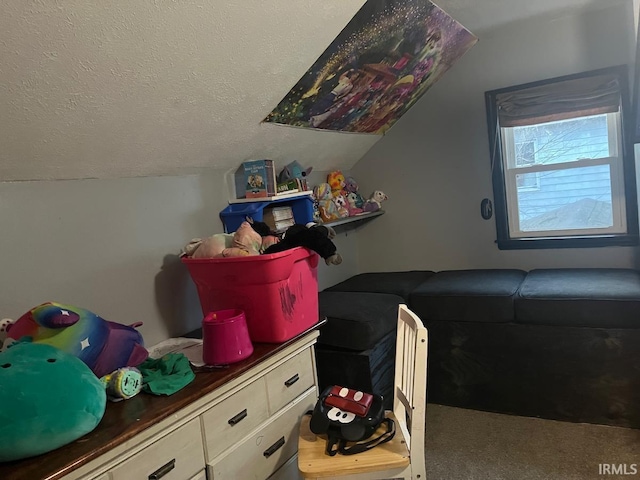 carpeted bedroom with lofted ceiling and a textured ceiling