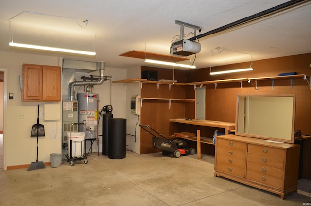 garage with a garage door opener and gas water heater