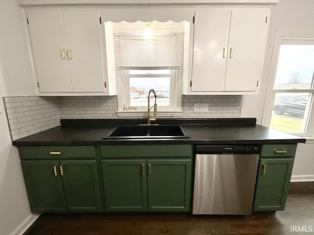 kitchen with white cabinetry, dishwasher, sink, tasteful backsplash, and green cabinets