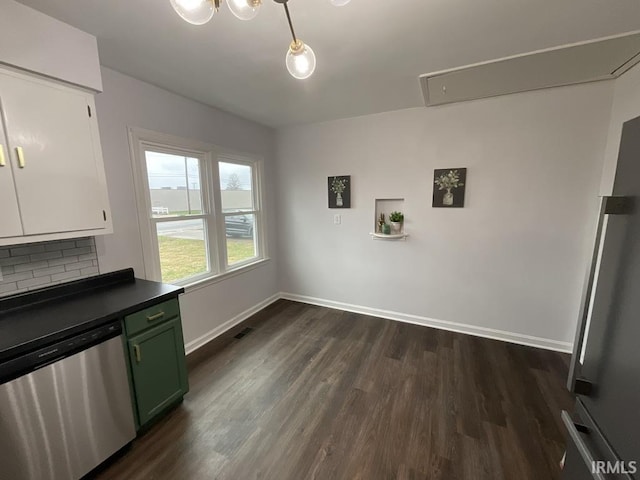 kitchen featuring dishwasher, dark wood-type flooring, decorative backsplash, white cabinets, and green cabinetry