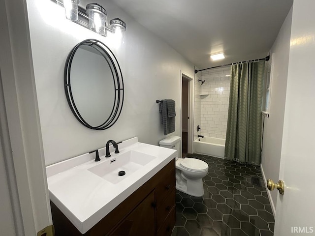 full bathroom with tile patterned flooring, vanity, toilet, and shower / bathtub combination with curtain