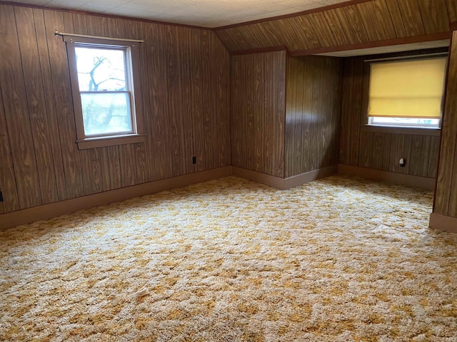 spare room with wood walls, wooden ceiling, and carpet floors