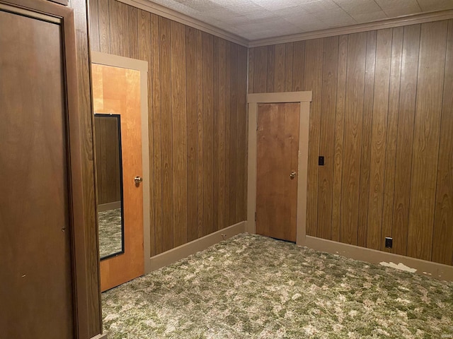 empty room featuring carpet flooring and wooden walls