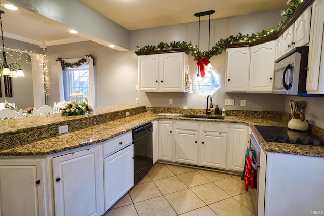 kitchen with white cabinetry, sink, hanging light fixtures, kitchen peninsula, and black appliances