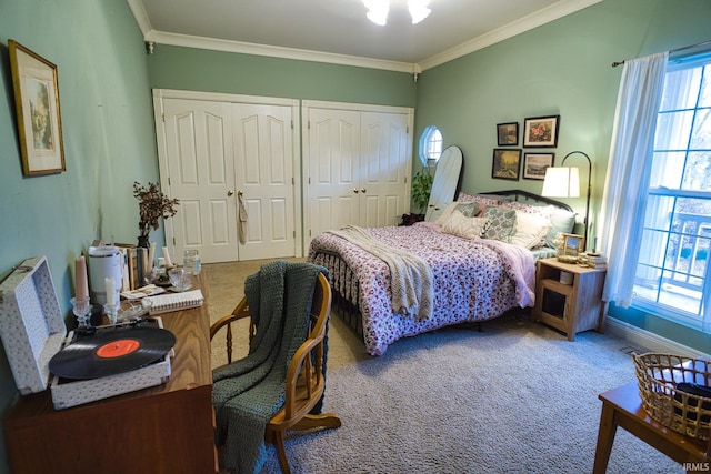 carpeted bedroom with ornamental molding and multiple closets