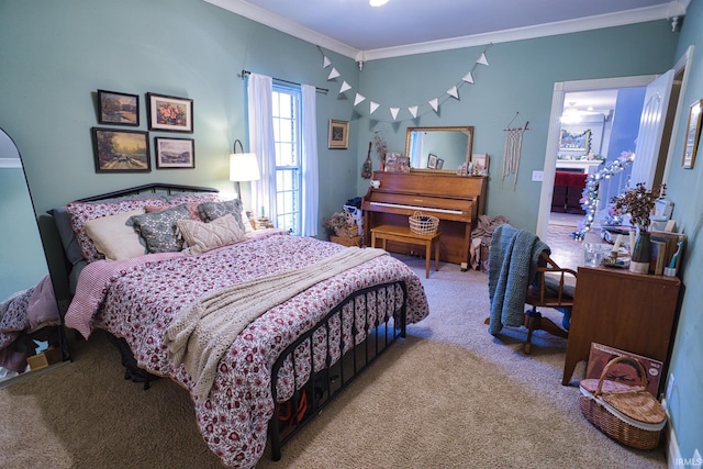 bedroom with crown molding and light colored carpet