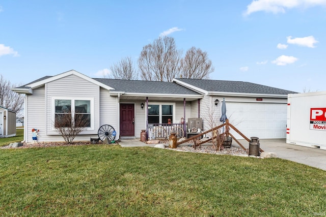 ranch-style house featuring a front lawn, covered porch, and a garage