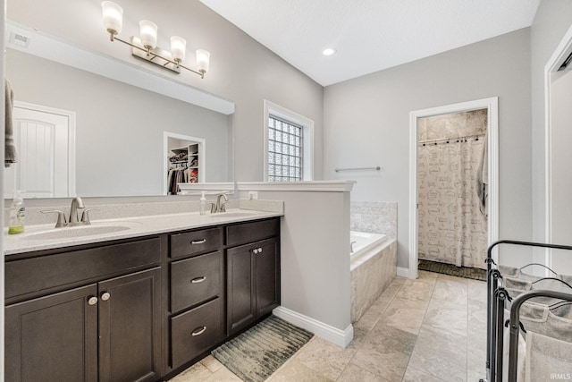 bathroom featuring vanity and independent shower and bath