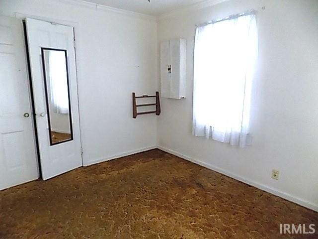 empty room with electric panel, plenty of natural light, and ornamental molding