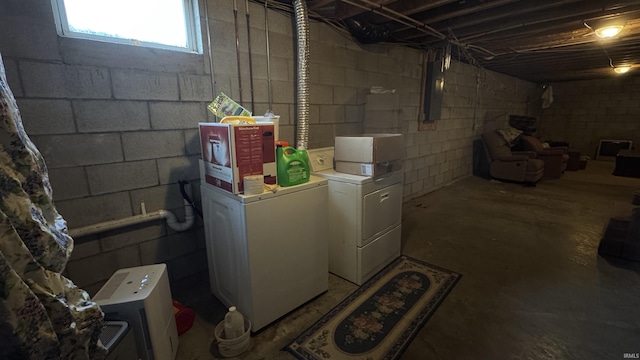 basement featuring washing machine and dryer and electric panel